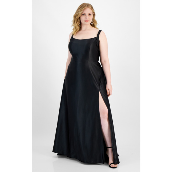 B Darlin Women Trendy Scoop Neck Front Slit Gown Black Plus Size 18W - Picture 1 of 4